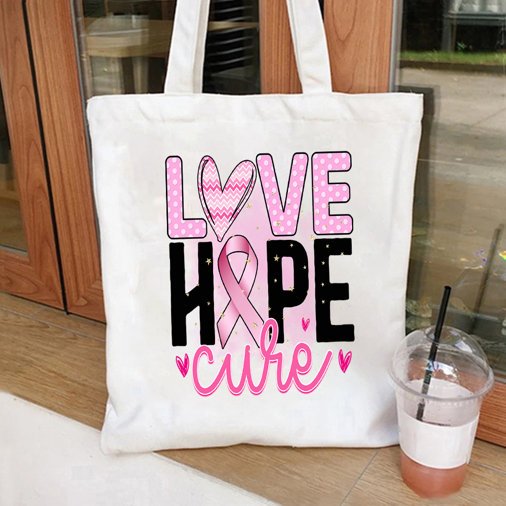 Tote Bag Canvas Print - Love Hope Cure Pink Ribbon Dot