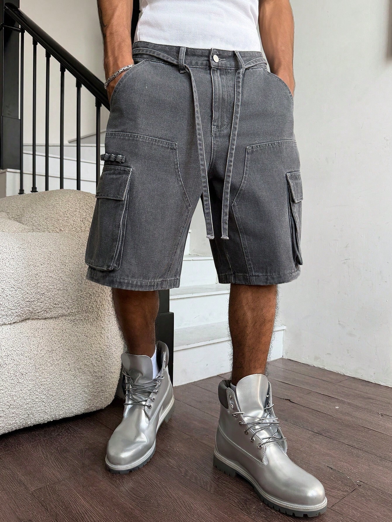 Street Fashion Art - Men Grey Washed Cargo Denim Shorts