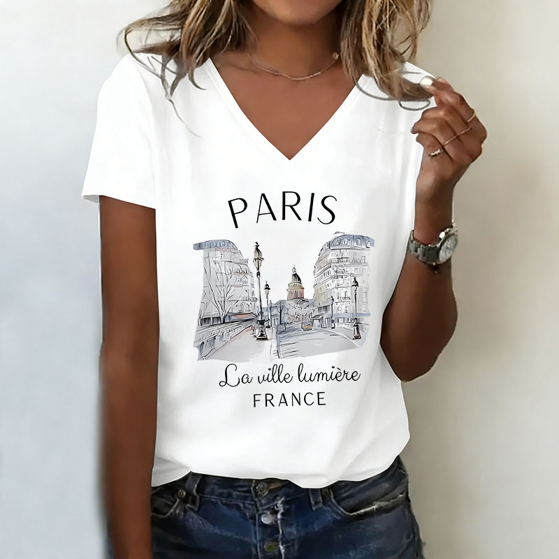 Street Fashion In Paris - Vintage Paris T-shirt V Neck Casual