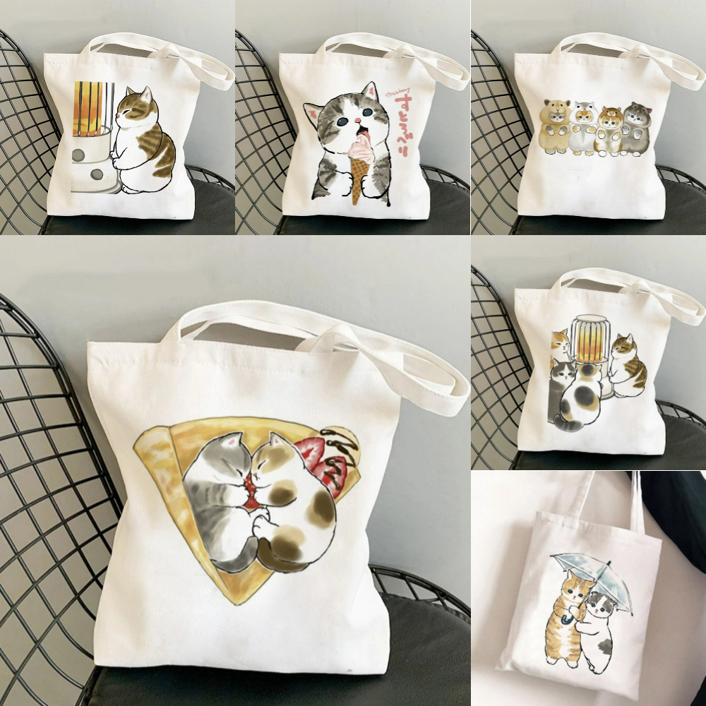 Tote Bag Canvas Print - Kawai Cats and Food Creativity Inspired