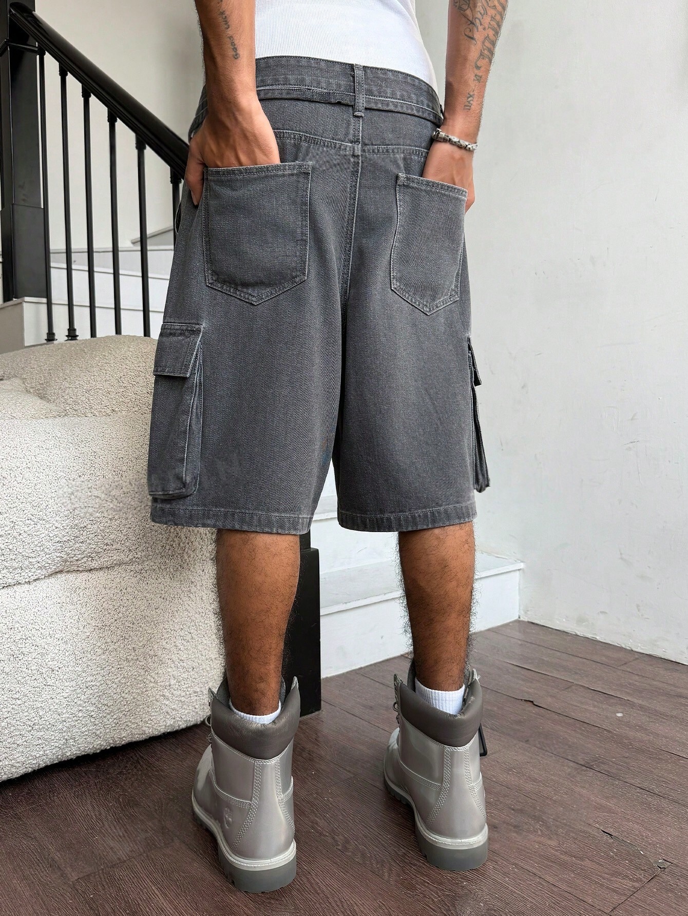 Men Grey Washed Cargo Denim Sh - مراجعة Street Fashion Art وسعره