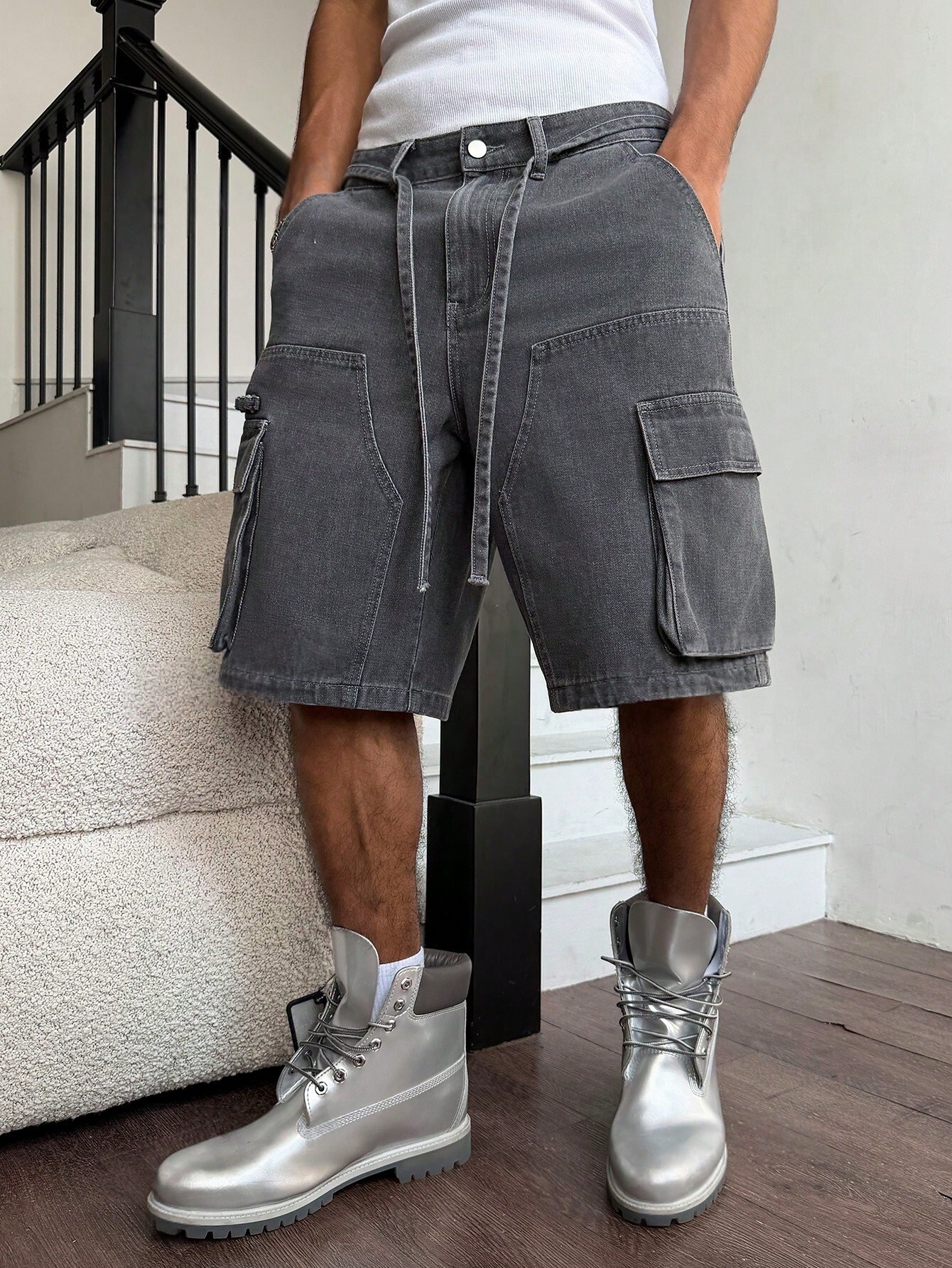 Men Grey Washed Cargo Denim Sh - مراجعة Street Fashion Art وسعره