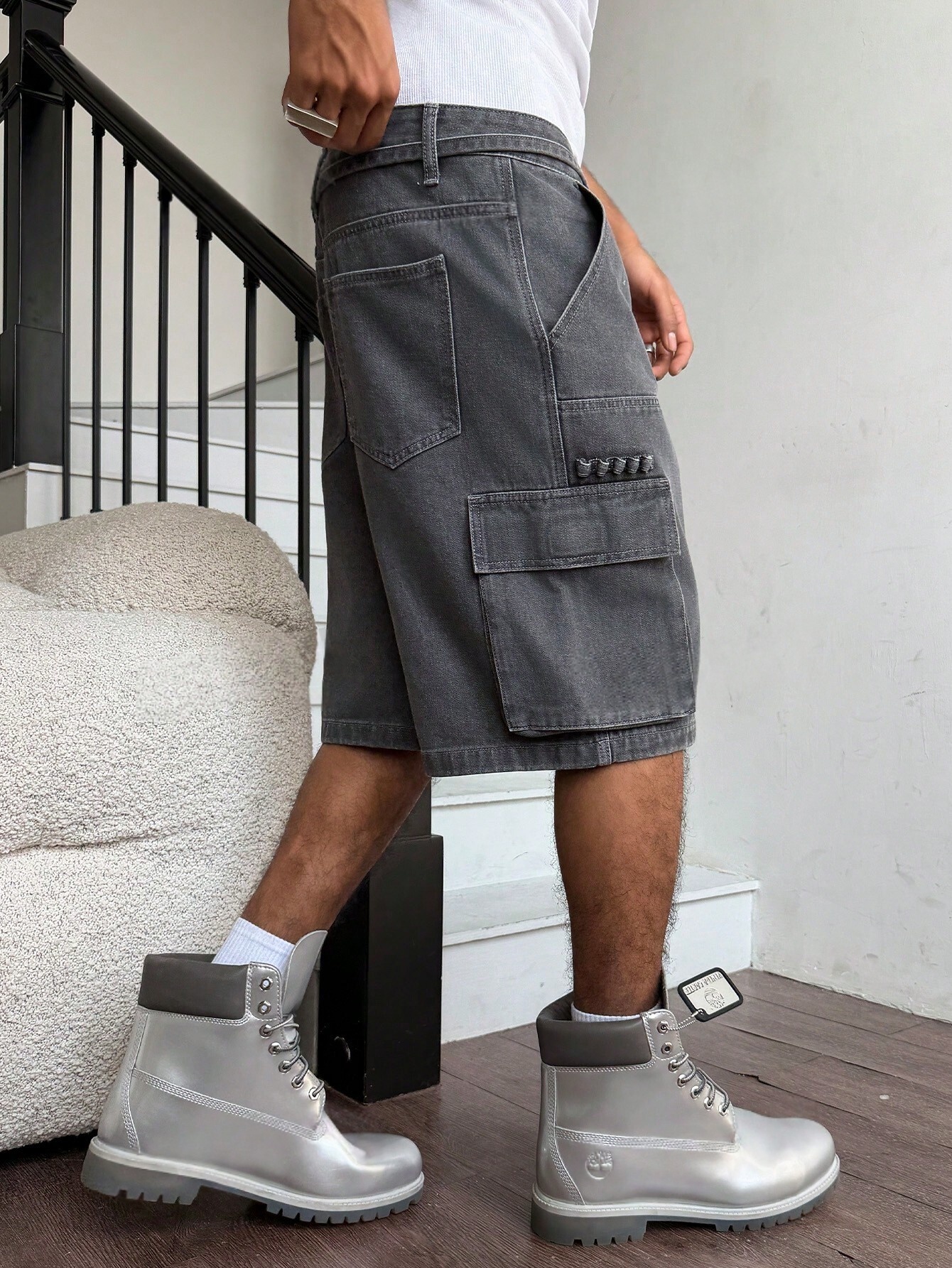 Men Grey Washed Cargo Denim Sh - مراجعة Street Fashion Art وسعره