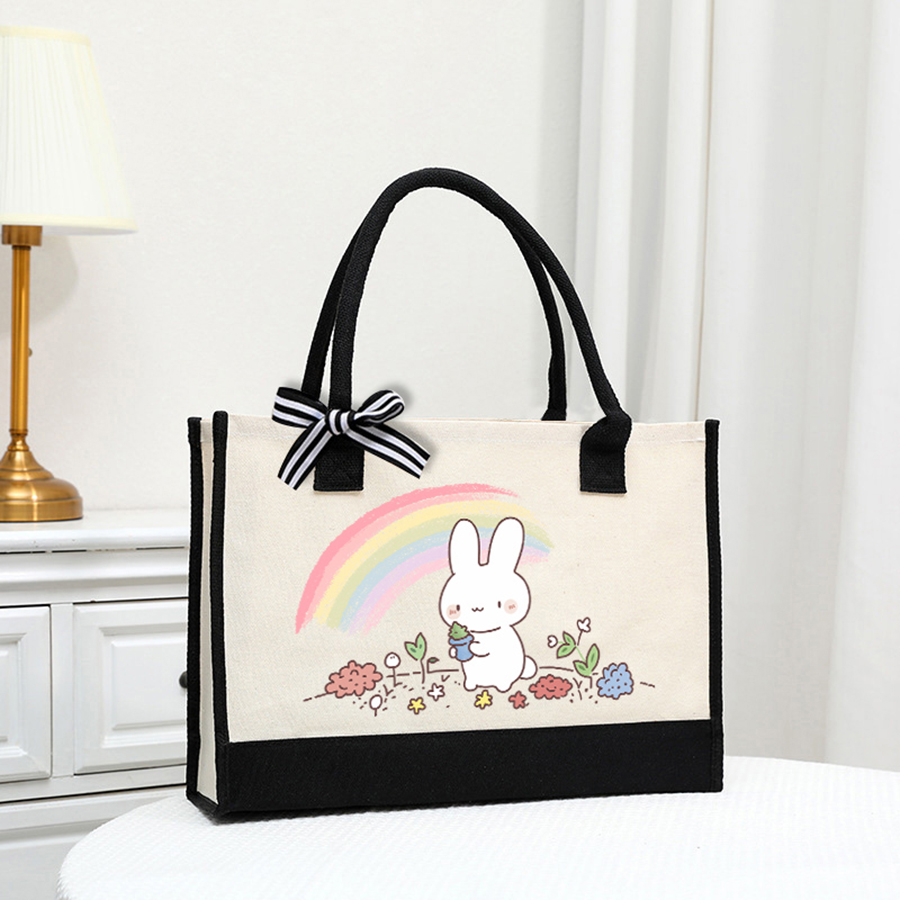 Cartoon-printed light white ca - مراجعة Tote Bag Canvas Print وسعره