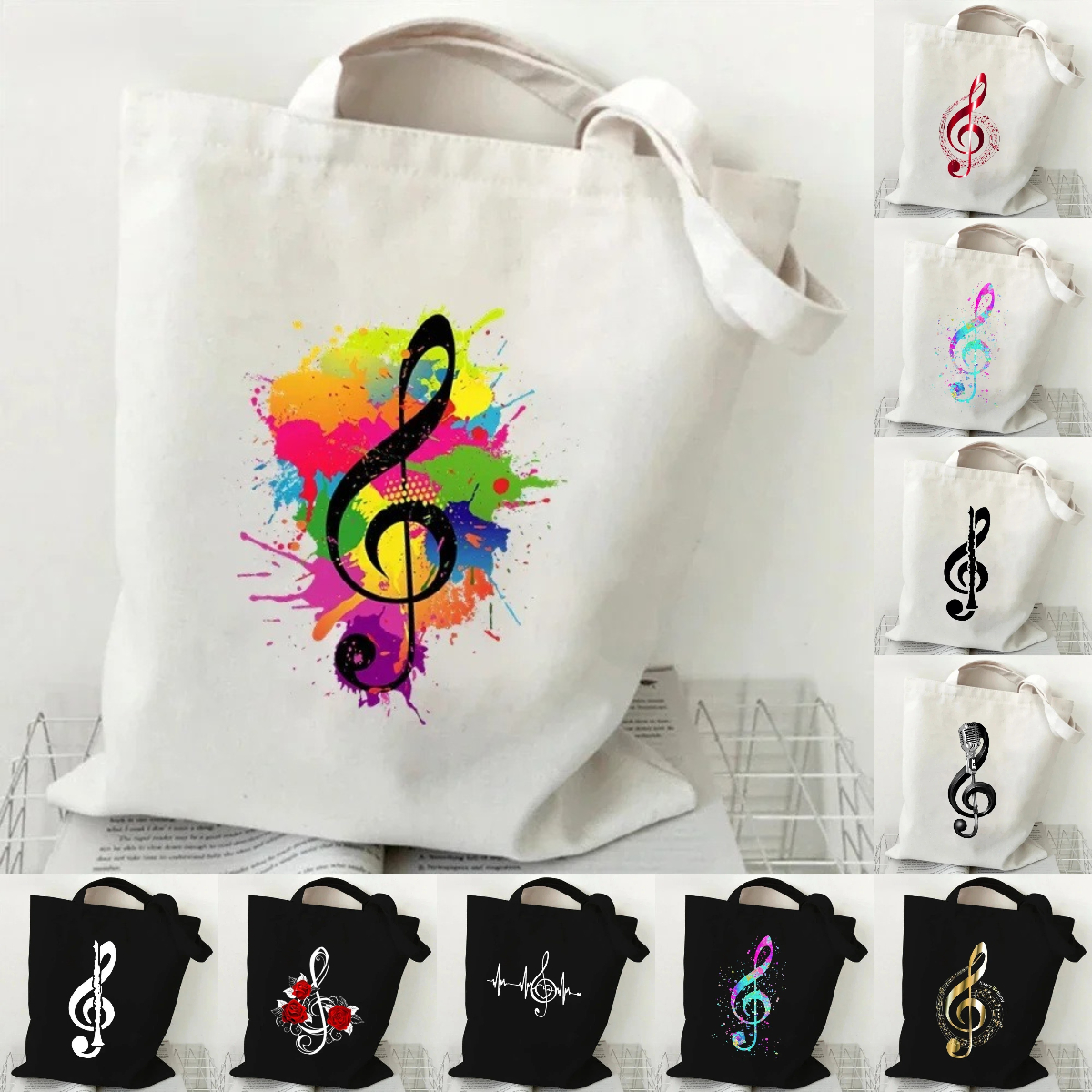 Music Note Heartbeat Printed C - مراجعة Tote Bag Canvas Print وسعره